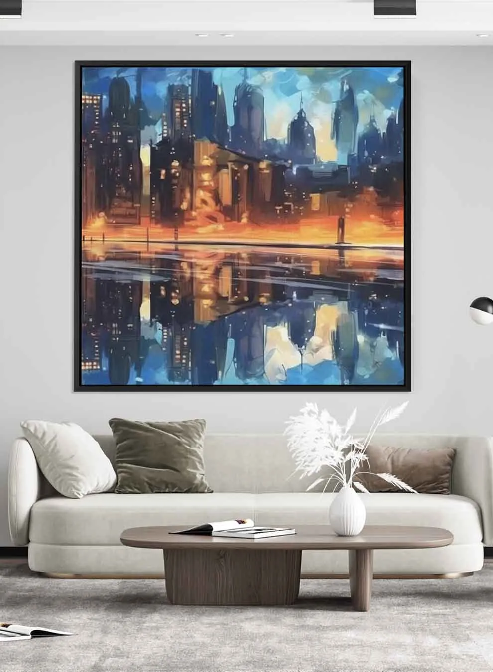 Square Canvas Wall Art Stretched Over Wooden Frame with Black Floating Frame and Man Walking In The City Painting