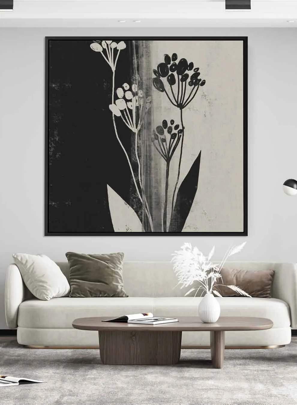 Square Canvas Wall Art Stretched Over Wooden Frame with Black Floating Frame and Wild Plants Painting