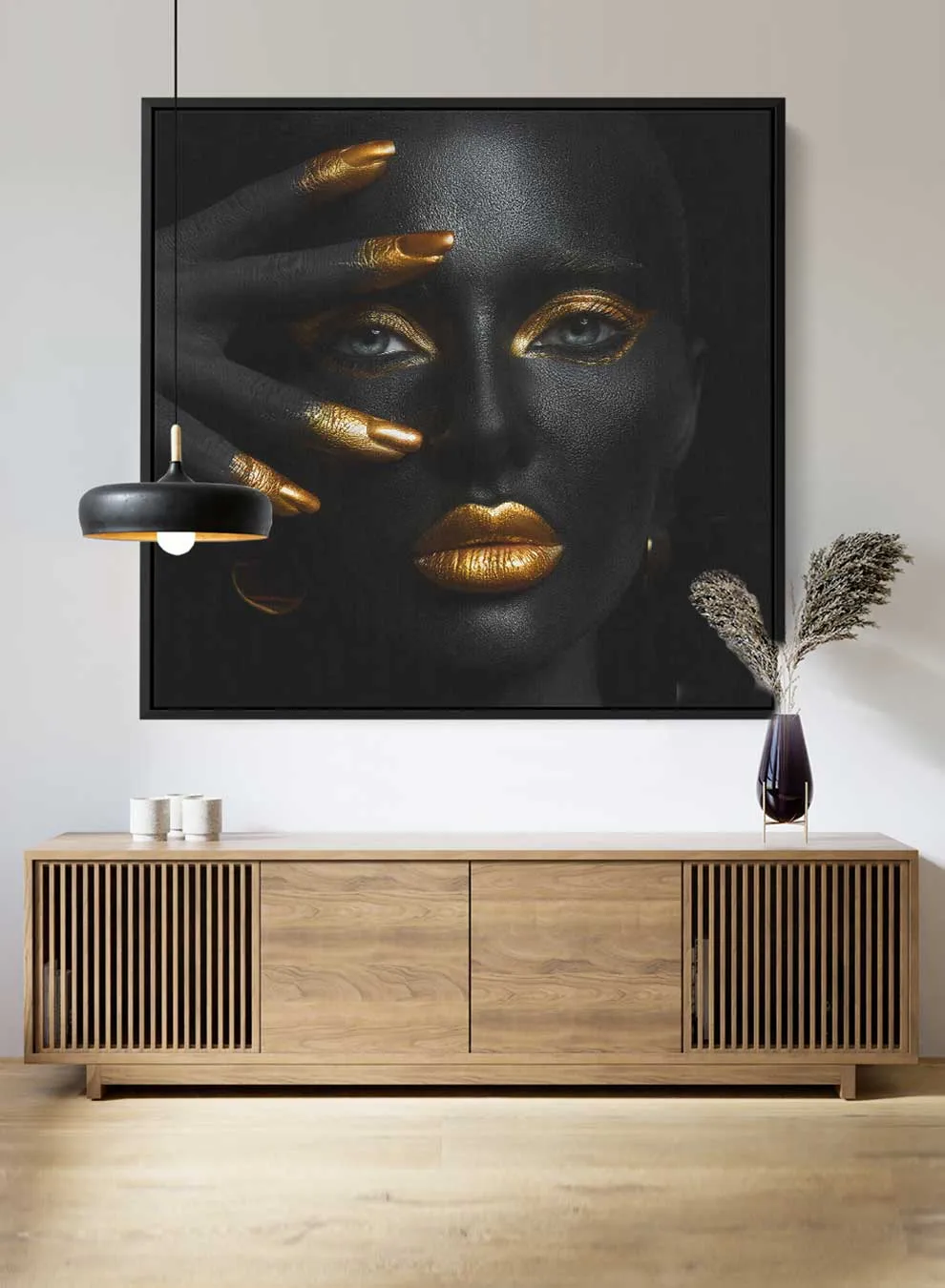 Square Canvas Wall Art Stretched Over Wooden Frame with Black Floating Frame and Woman with Gold Makeup