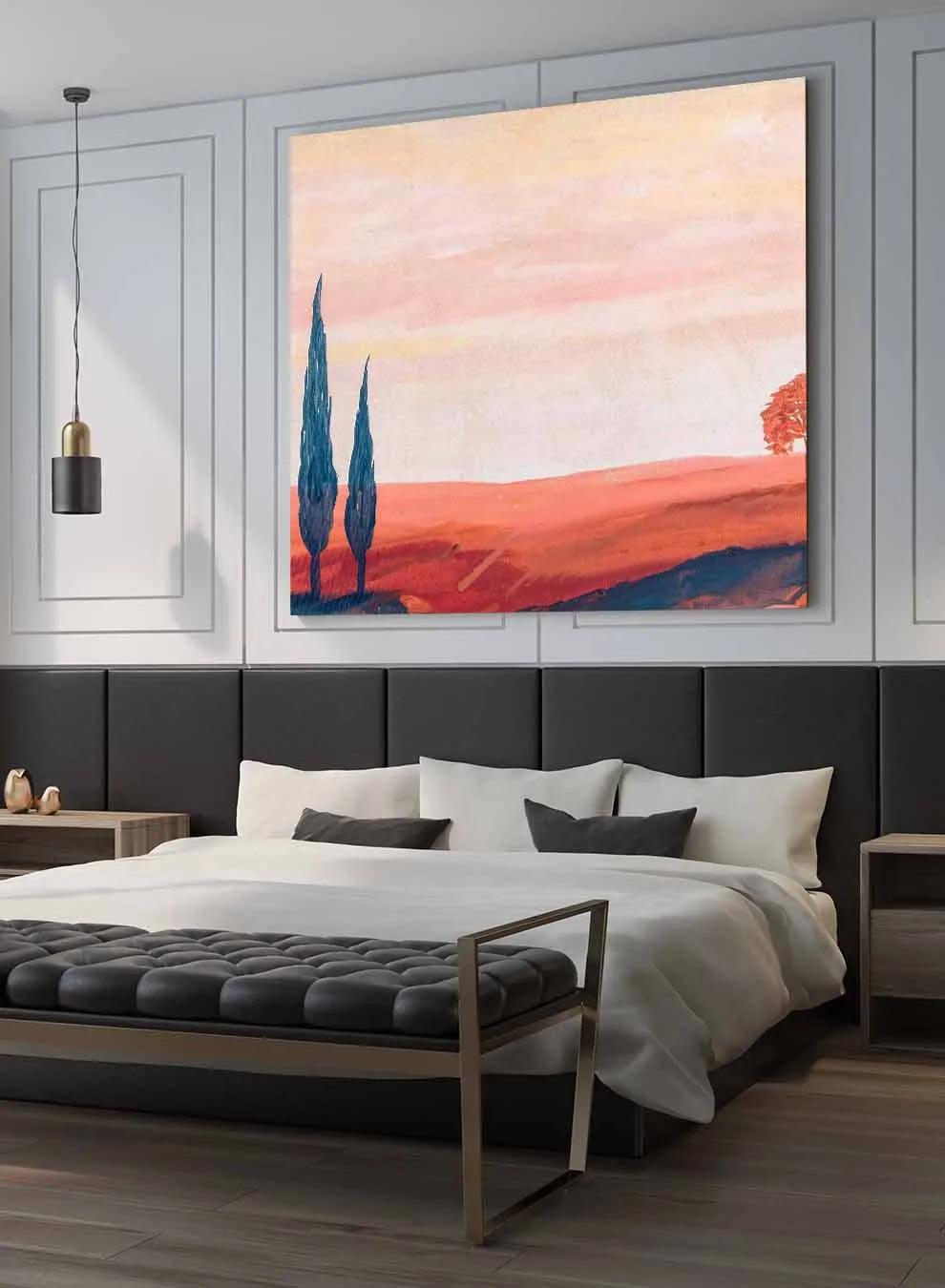 Square Canvas Wall Art Stretched Over Wooden Frame with Gold Floating Frame and Camels Caravan In The Desert Painting