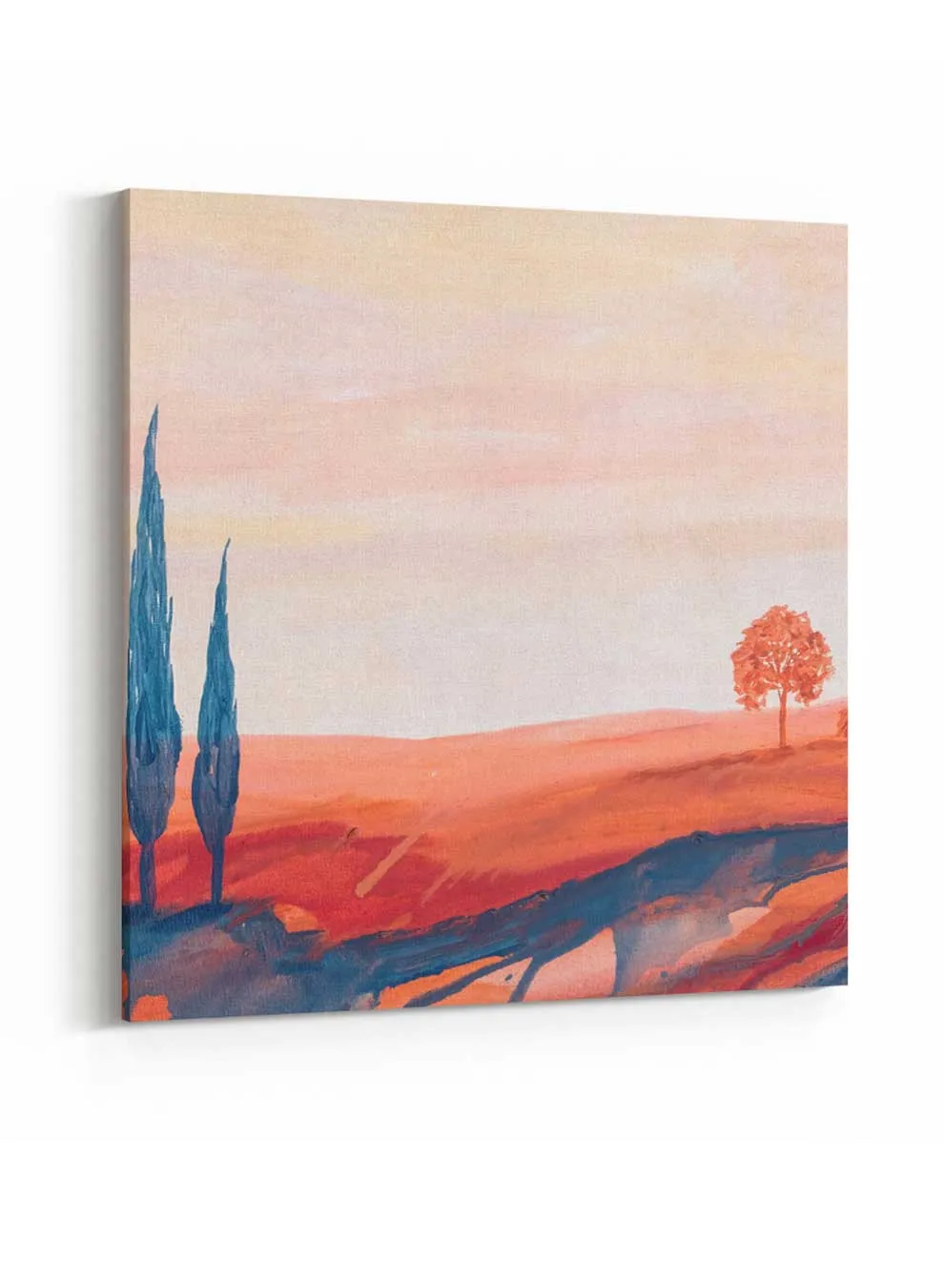 Square Canvas Wall Art Stretched Over Wooden Frame with Gold Floating Frame and Camels Caravan In The Desert Painting