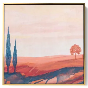Square Canvas Wall Art Stretched Over Wooden Frame with Gold Floating Frame and Camels Caravan In The Desert Painting