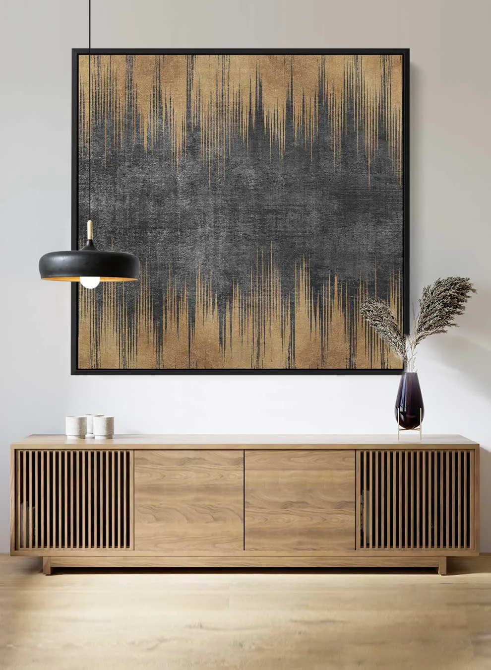Square Canvas Wall Art Stretched Over Wooden Frame with Gold Floating Frame and Flower Abstract Painting