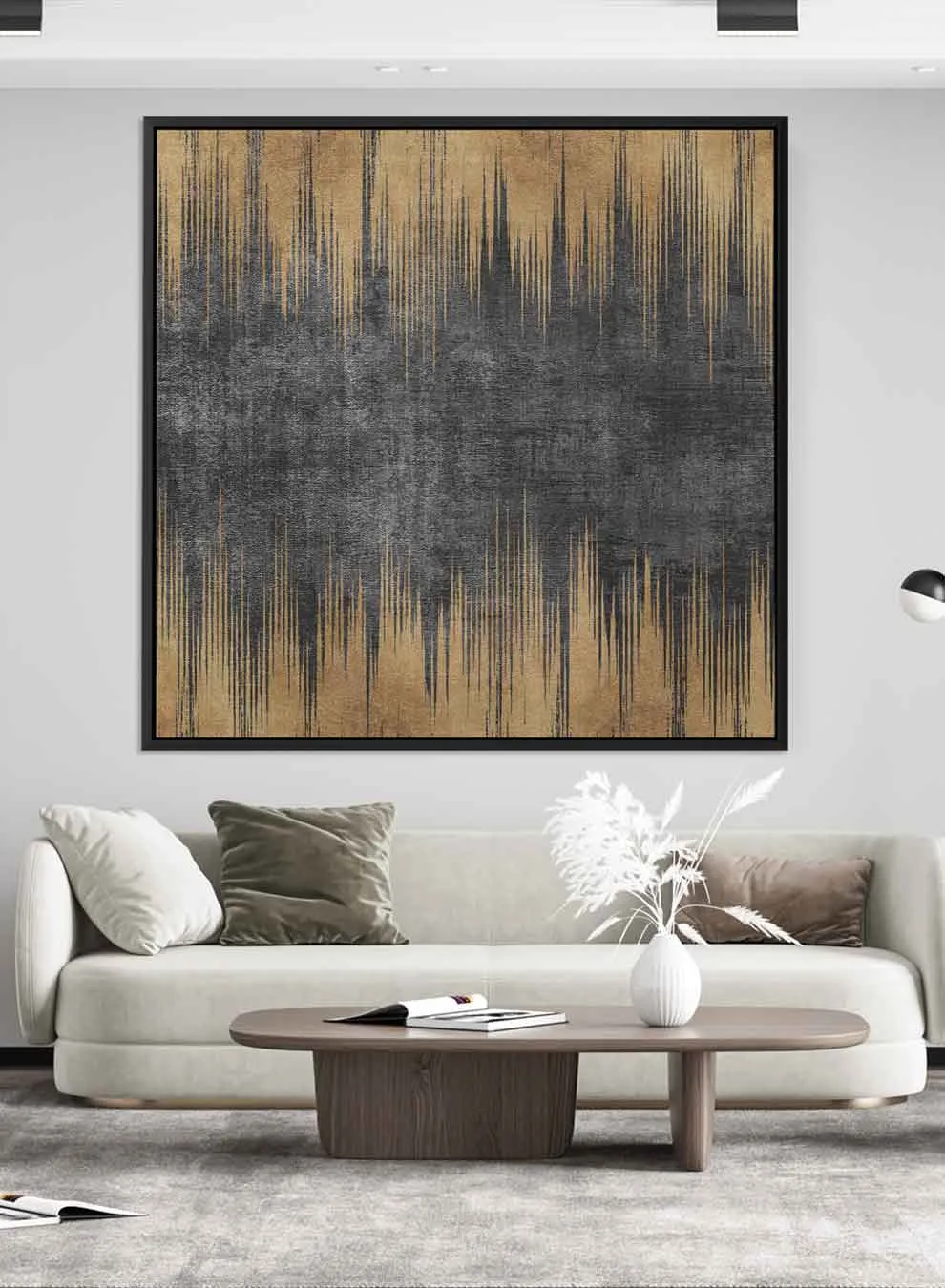 Square Canvas Wall Art Stretched Over Wooden Frame with Gold Floating Frame and Flower Abstract Painting