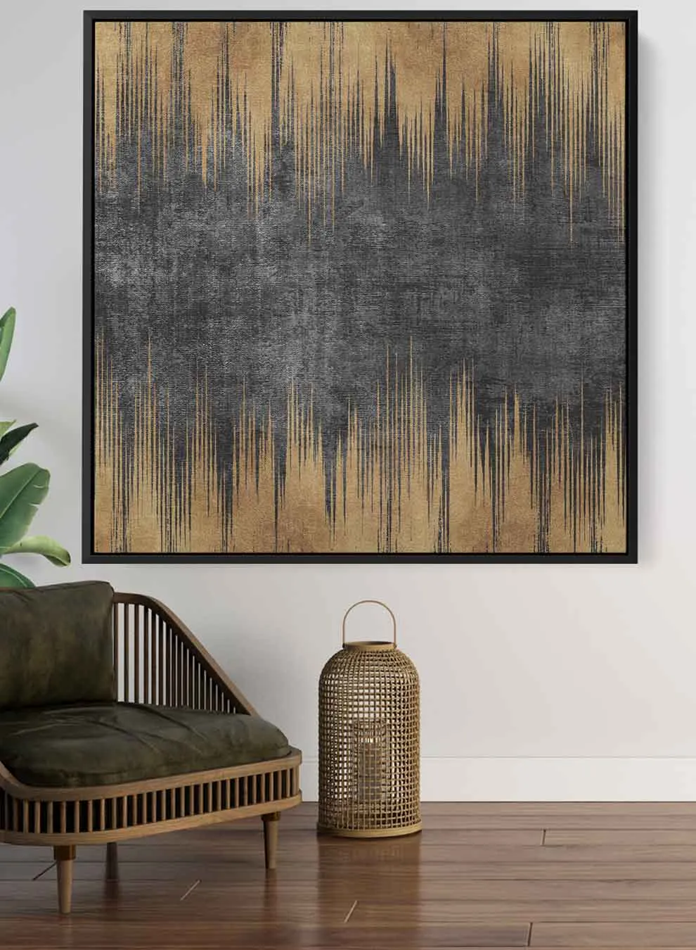 Square Canvas Wall Art Stretched Over Wooden Frame with Gold Floating Frame and Flower Abstract Painting