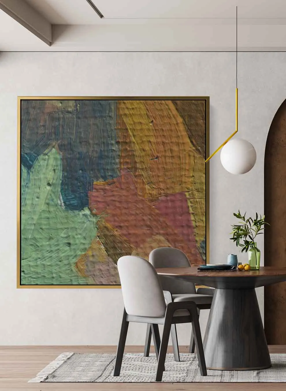 Square Canvas Wall Art Stretched Over Wooden Frame with Gold Floating Frame and Oil Painting