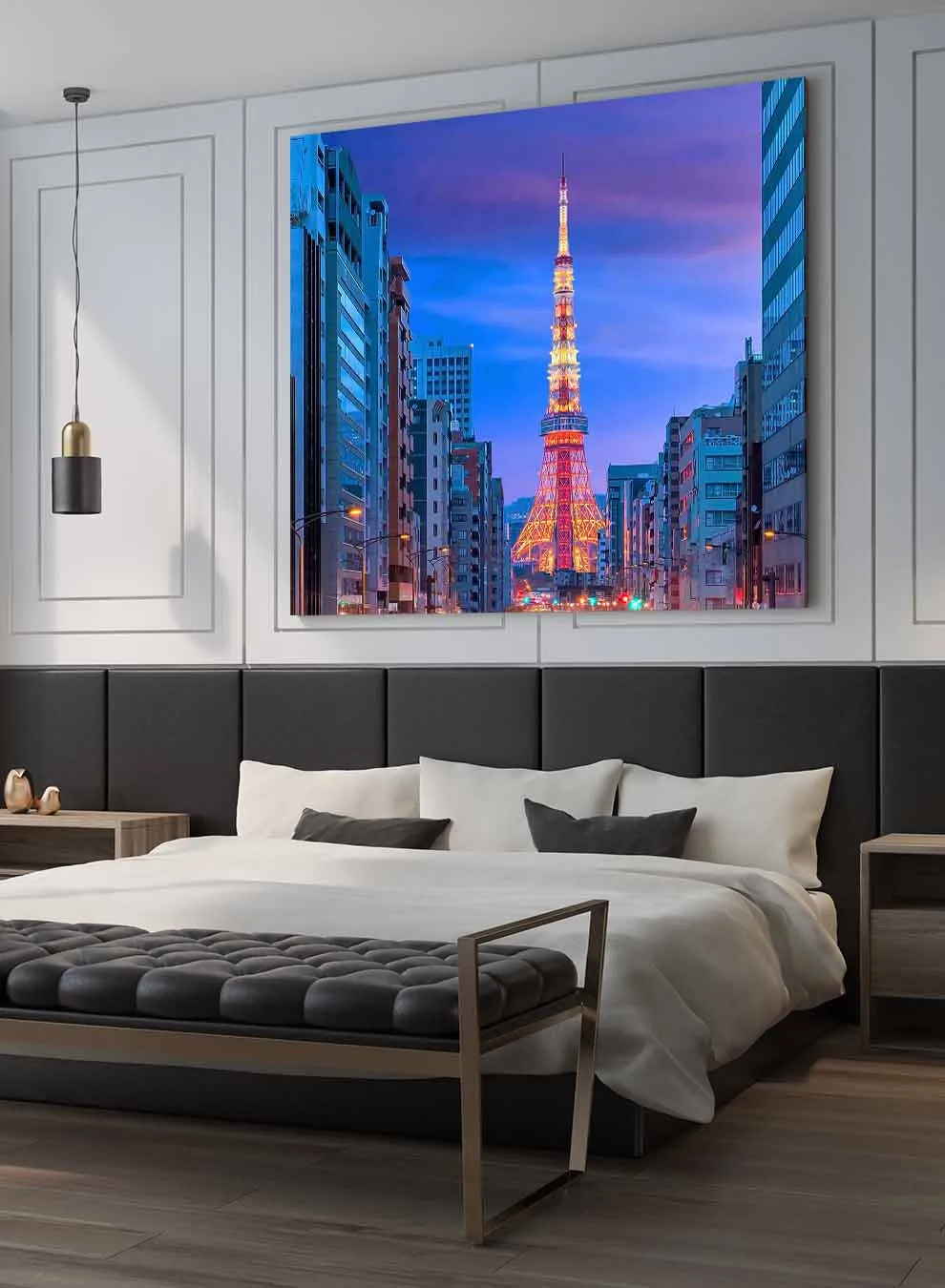 Square Canvas Wall Art Stretched Over Wooden Frame with Gold Floating Frame and Top View Of The City Painting