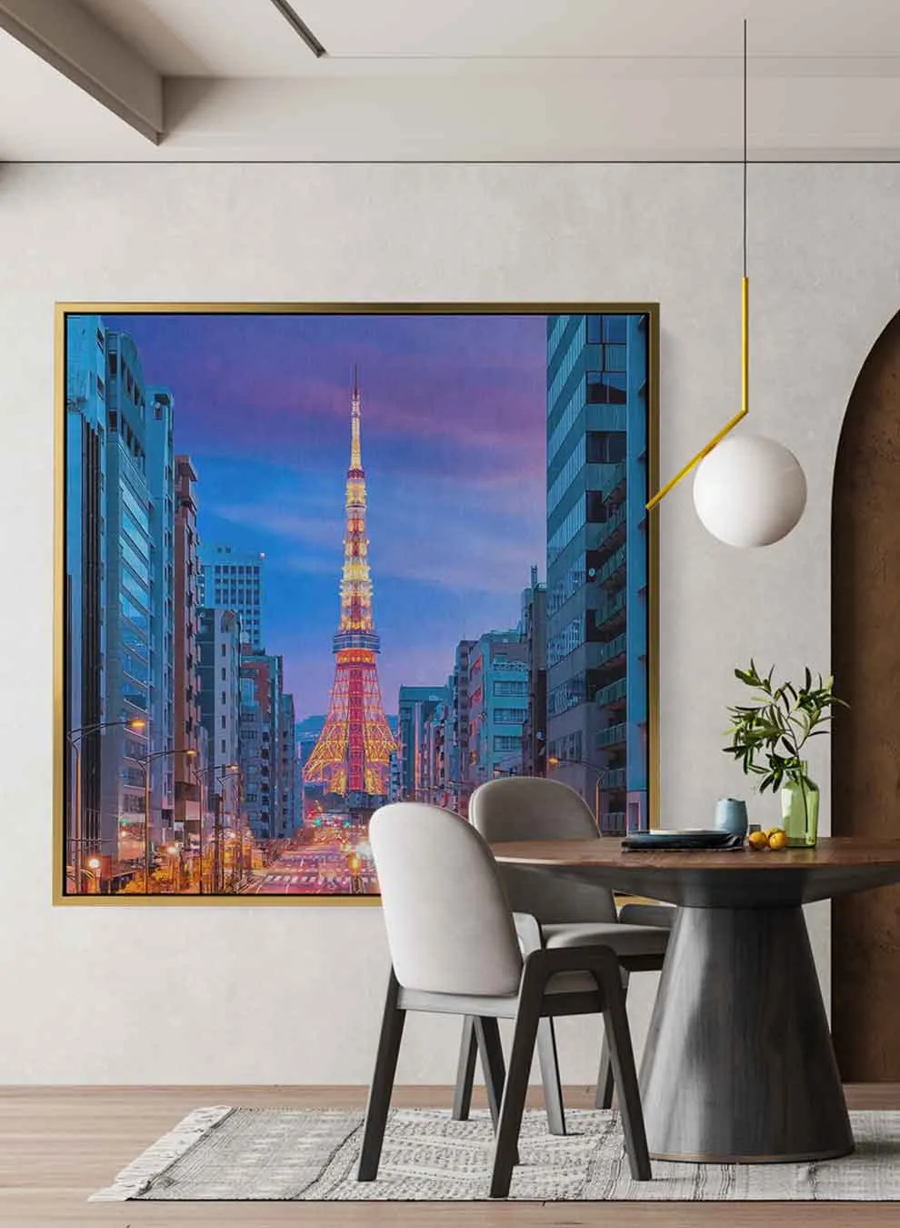 Square Canvas Wall Art Stretched Over Wooden Frame with Gold Floating Frame and Top View Of The City Painting