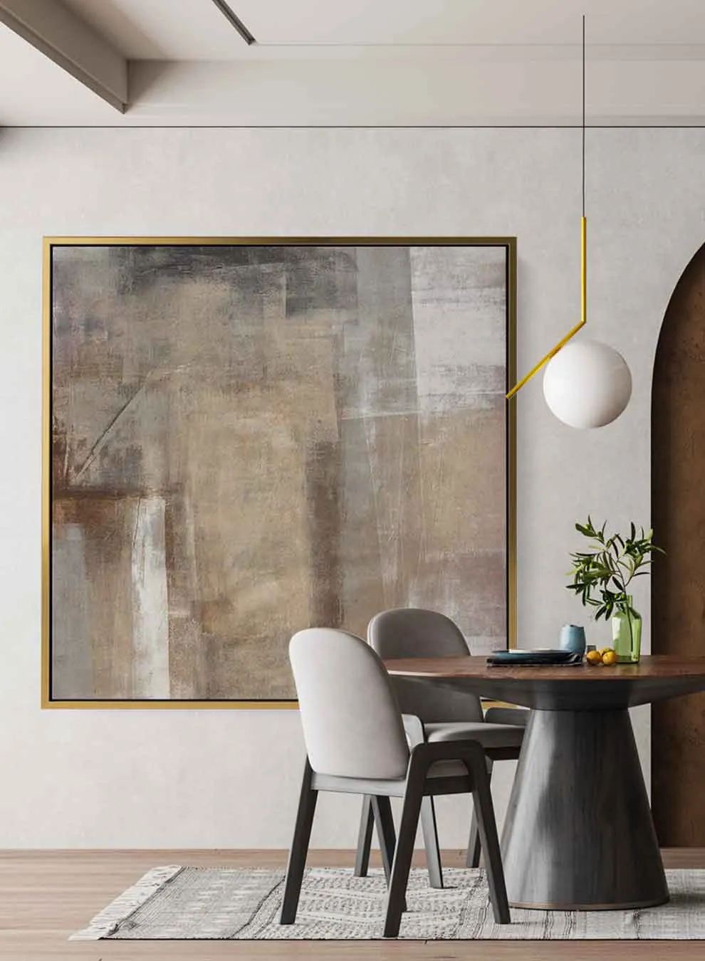Square Canvas Wall Art Stretched Over Wooden Frame with Gold Floating Frame and Trees And Flowers Painting