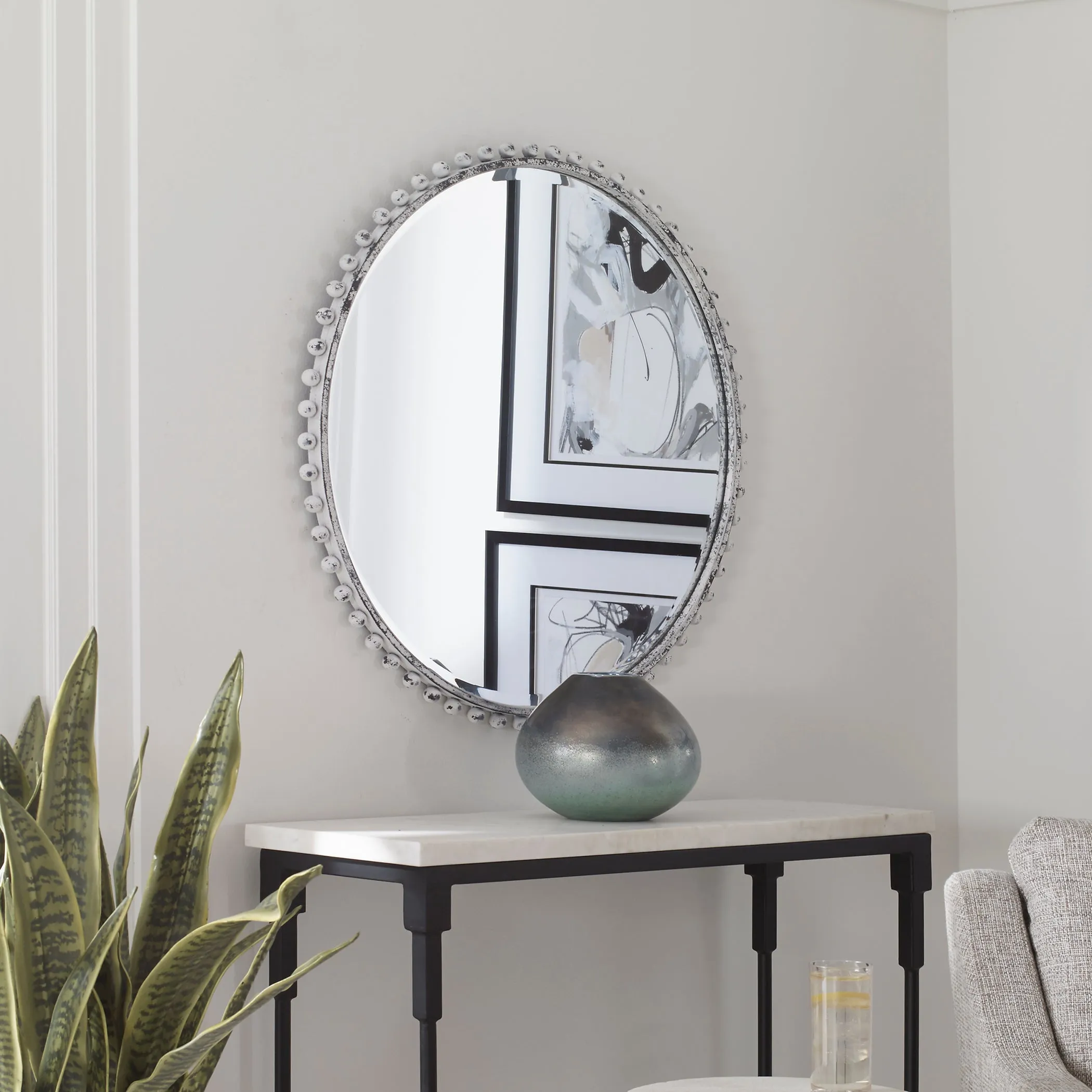 Taza Round Mirror, Antique White