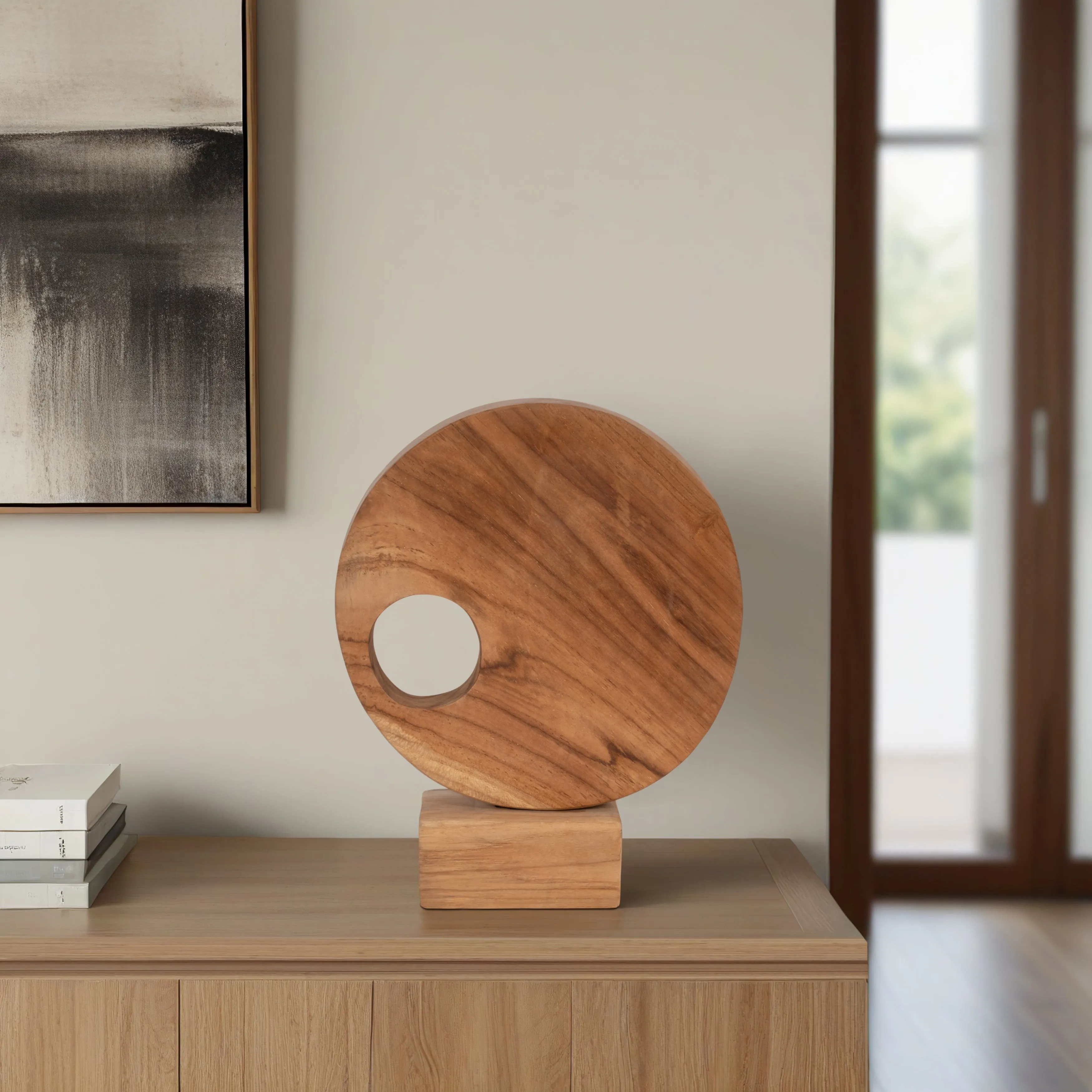 WOOD, 15" DISC ON BASE SCULPTURE, NATURAL