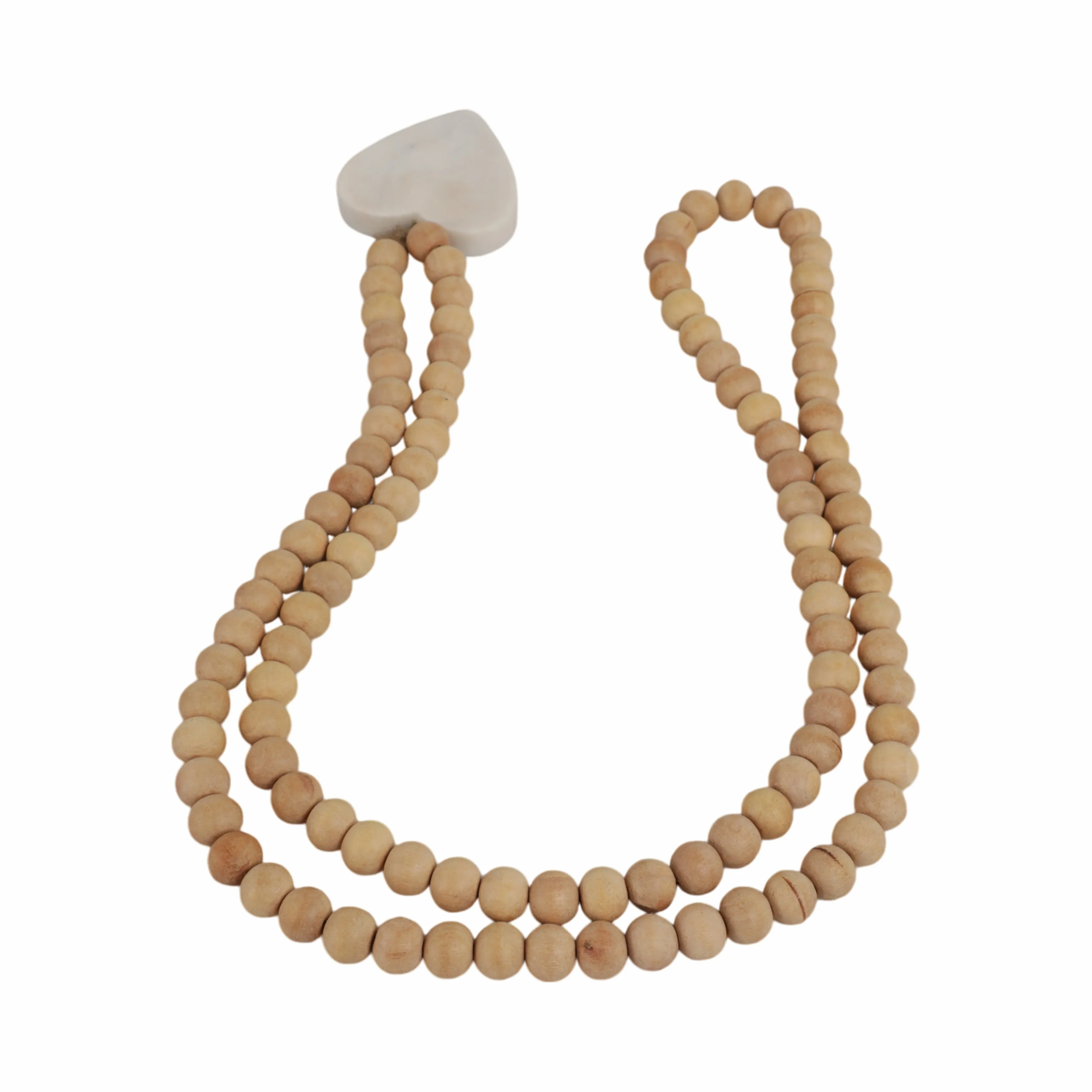 WOOD, 36" SMALL BEAD GARLAND W/ MARBLE HEART, NATU