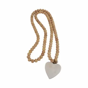 WOOD, 36" SMALL BEAD GARLAND W/ MARBLE HEART, NATU