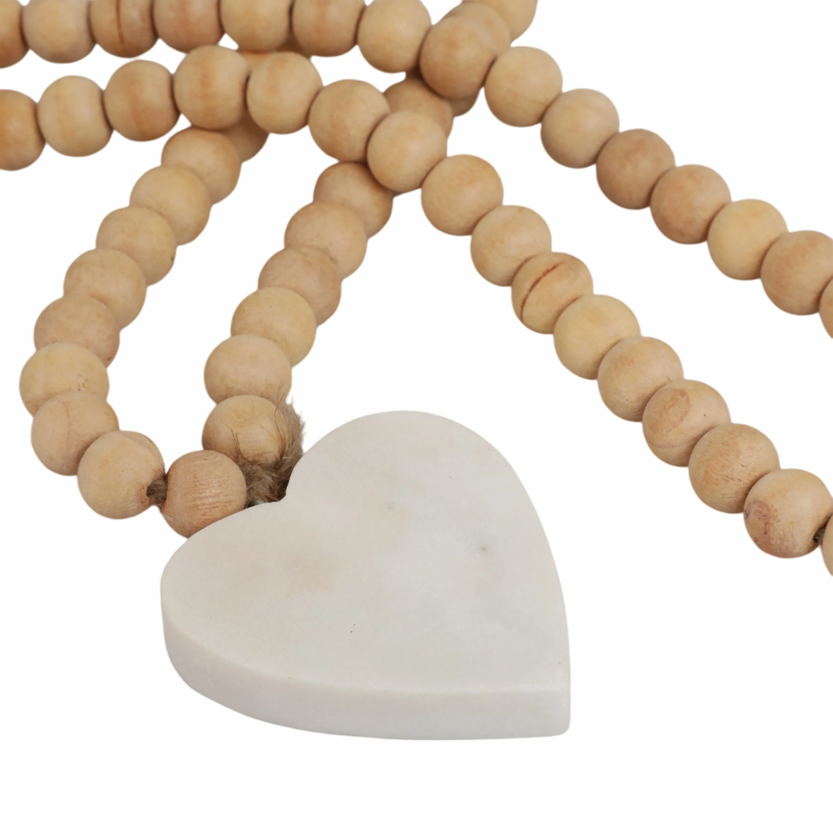 WOOD, 36" SMALL BEAD GARLAND W/ MARBLE HEART, NATU