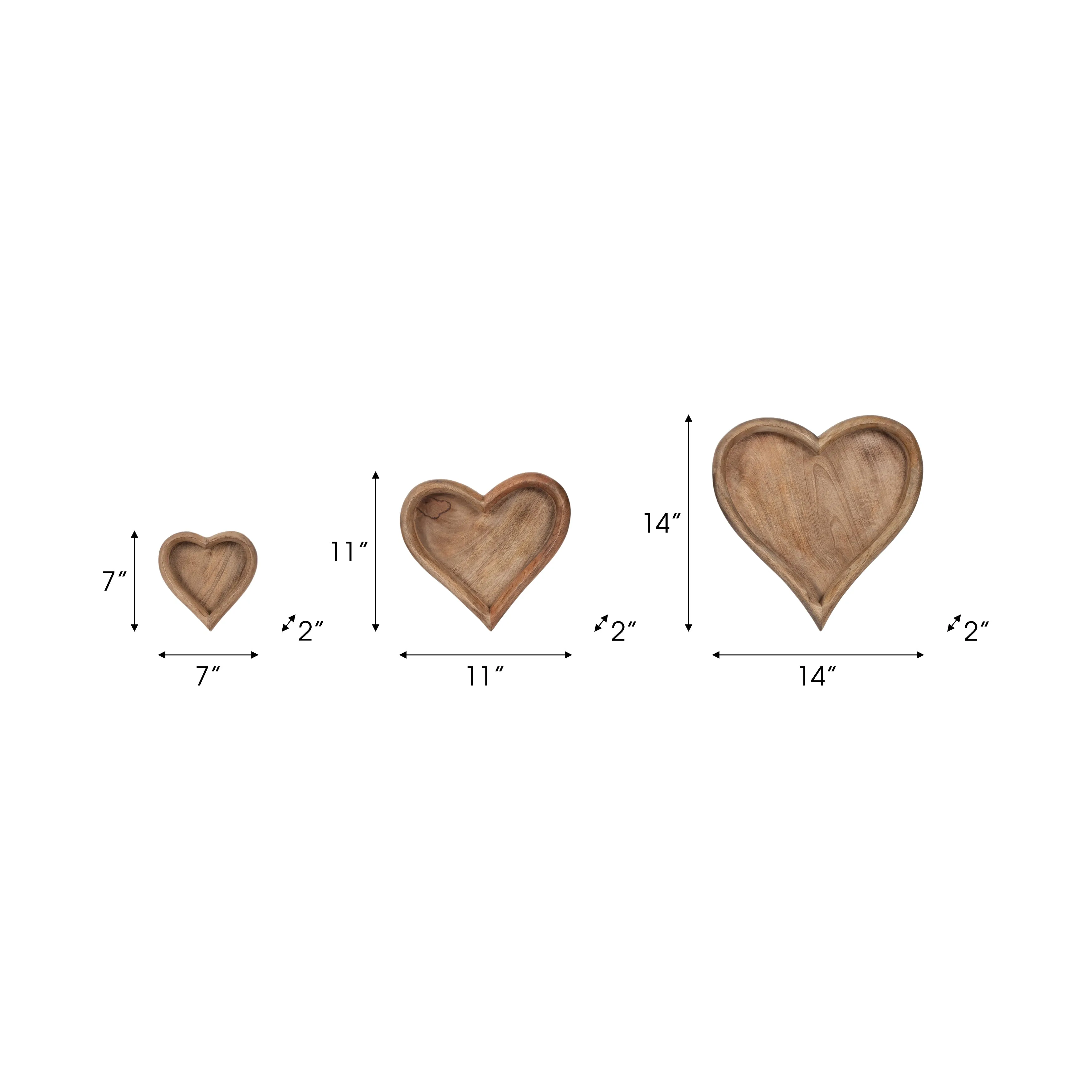 WOOD, S/3 7/11/14" HEART TRAYS, NATURAL